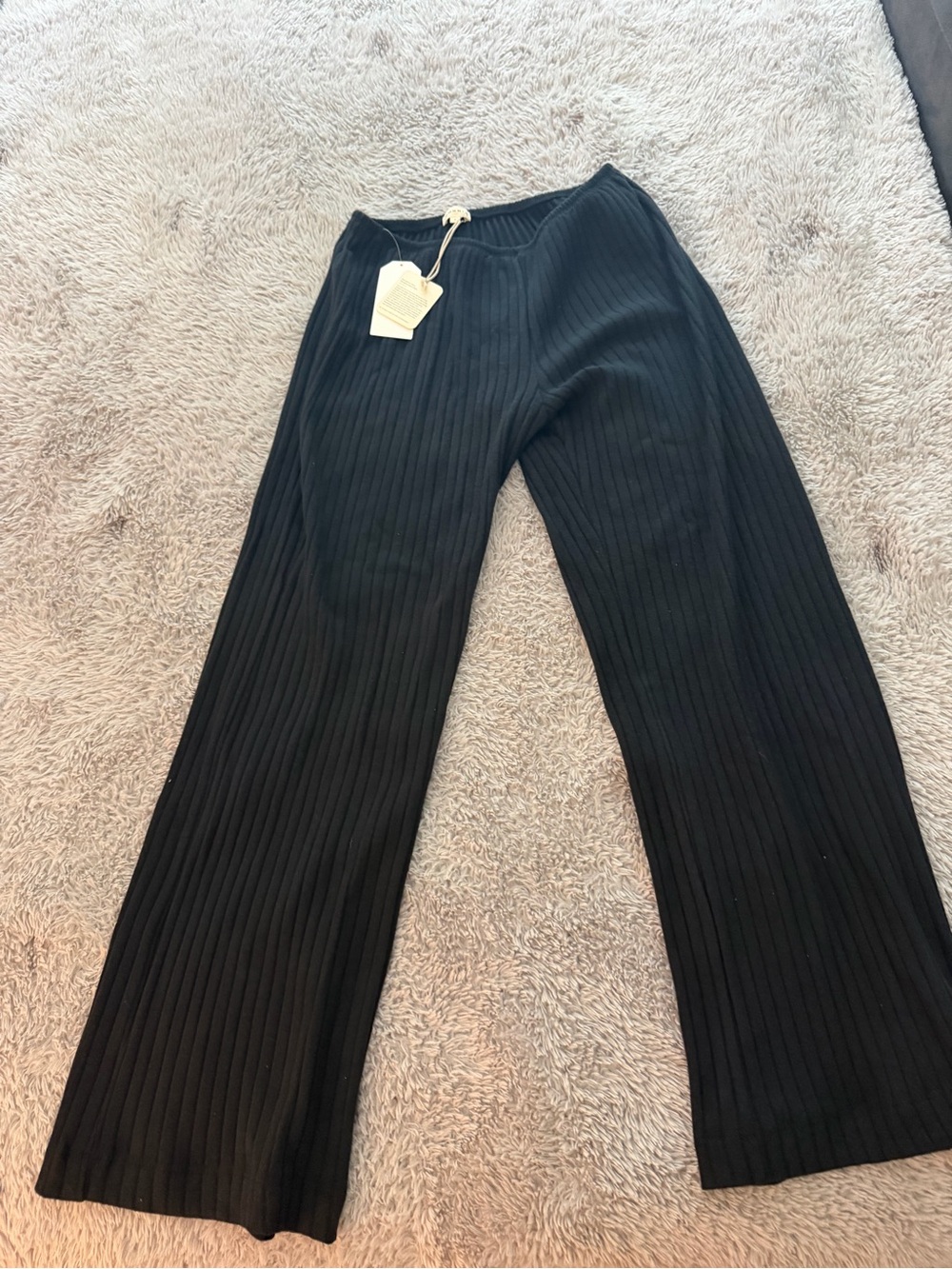 DONNI. Black Ribbed Knit Wide-Leg Pants